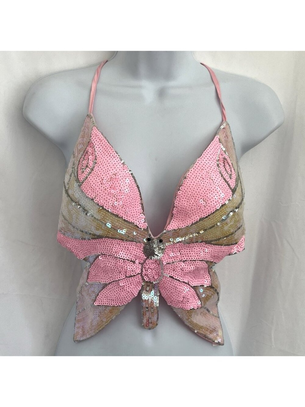 Butterfly Sequin Halter Top Y2K Festival Rave Crop Top Pink Iridescent Fairy S
